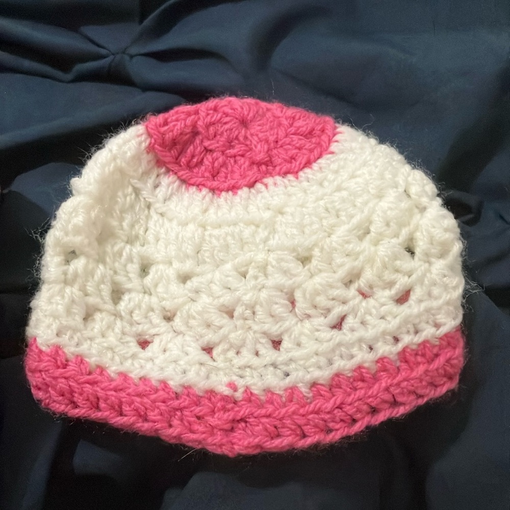 Crochet Pink and White Beanie